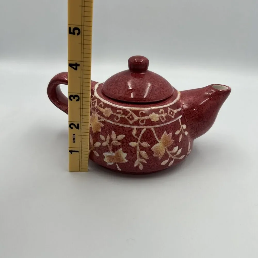Vintage Red Glaze Etched Floral Ceramic Teapot Gold Accent Crackle Interior